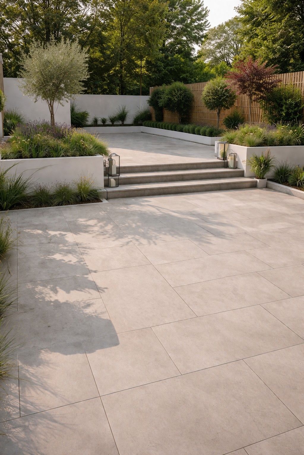 Modern porcelain patio with raised planters, Essex